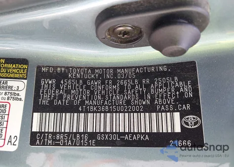 2005 Toyota Avalon Limited из США, поврежденный, VIN 4T1BK36B15U022002